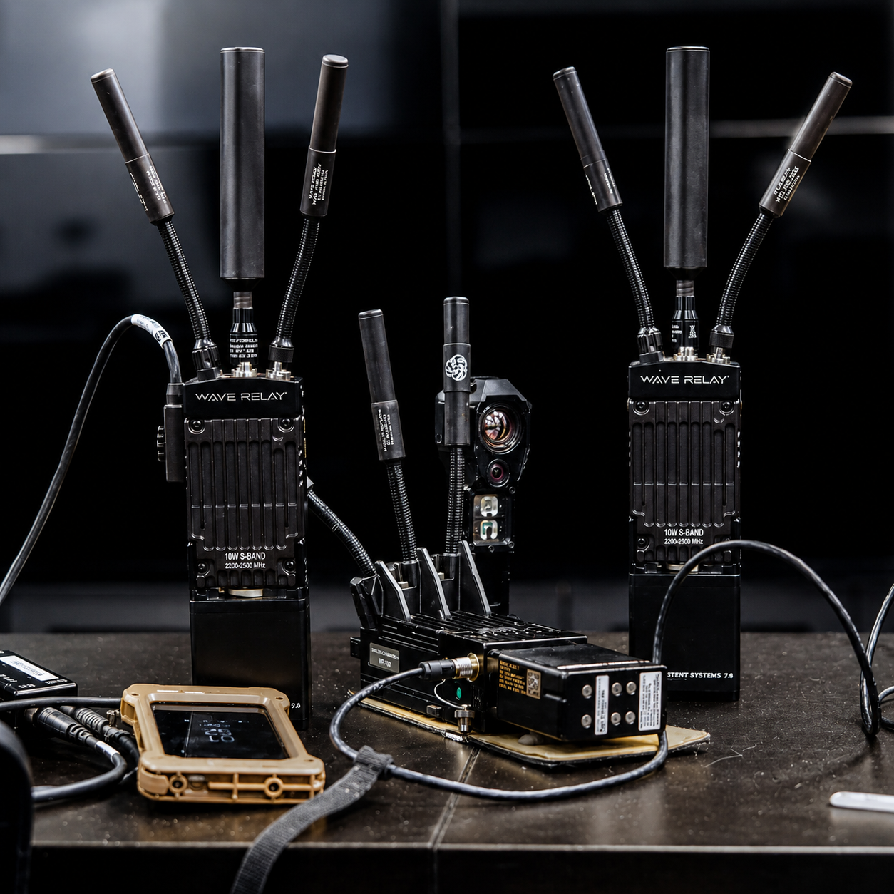 Conjunto de rádios MPU5 Wave Relay e sensor tático em mesa de operação